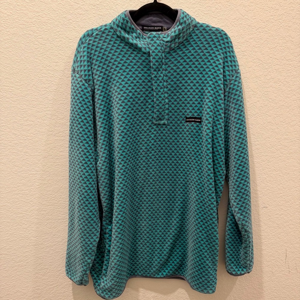 Southern Marsh Mens Quarter Zip Fleece Pullover Teal Geometric Triangle Print L